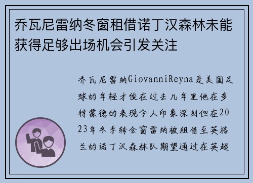 乔瓦尼雷纳冬窗租借诺丁汉森林未能获得足够出场机会引发关注